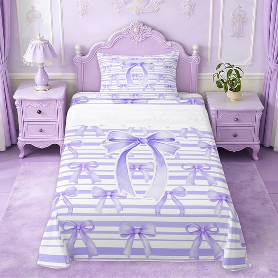 Erosebridal Princess Bow Twin Sheet Sets For Girls,Purple Geometric Striped Bedding For Kids 3 Pieces