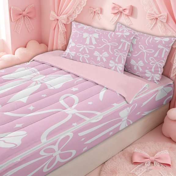 Erosebridal Princess Bow Zipper Twin Comforter Sets with Fitted Sheet and 2 Pillowcases for Women Girls, Cute Butterfly Knot Zipper Bedding Set, Pink Reversible, 4-Piece