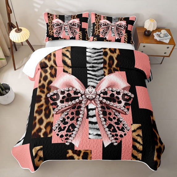 Erosebridal Princess Bow-tie Boys Girls Bed Spread Queen, Pink Cheetah Print Queen Coverlet Set, 3 Pieces