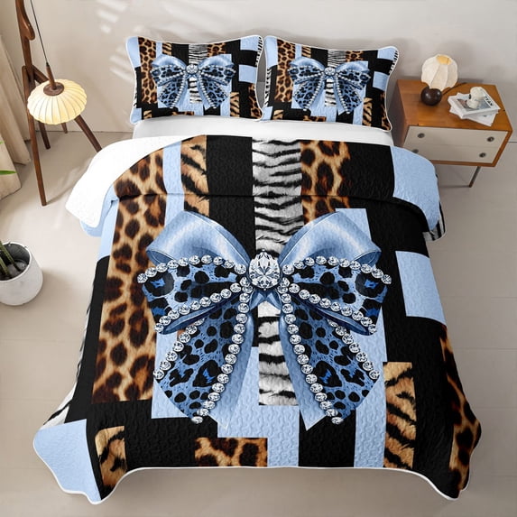 Erosebridal Princess Bow-tie Boys Girls Quilt King, Blue Cheetah Print King Coverlet Set, 3 Pieces