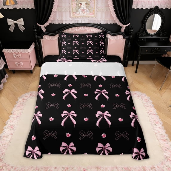 Erosebridal Princess Bow-tie Twin Sheet Sets for Girls, Black Pink Blossoms Flower Bedding, 3-Piece