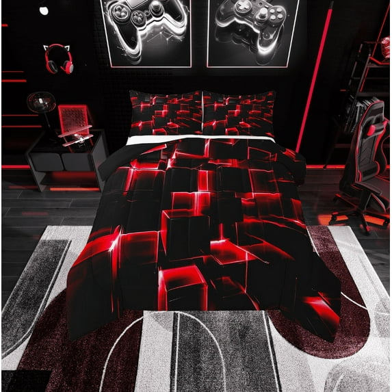 Erosebridal Geometric Buffalo Comforter Sets Queen Size,Black Red Bedding Queen Comforter Set,Breathable Reversible Bedding Sets Queen with Comforter,Plaid Decor,3 Pieces