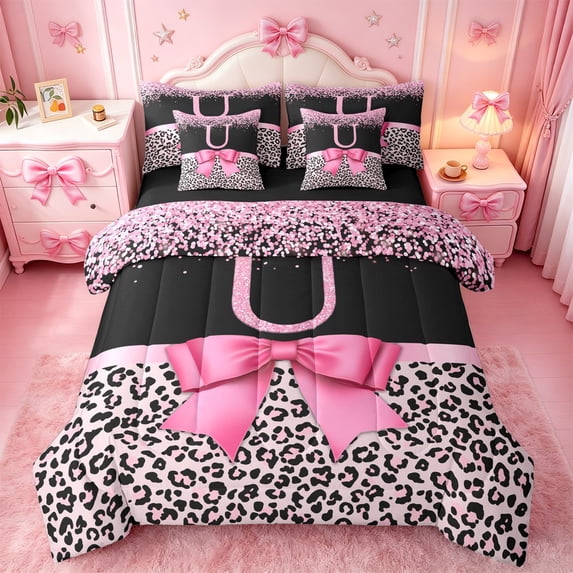 Erosebridal Princess Bowknot 7-Piece Bedding Comforter Set For Kids,Chic Sequin Print Letter U Monogrammed King Bedding Sets,Black Reversible