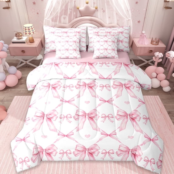 Erosebridal Princess Bowknot 7-Piece Twin Bedding Sets,Kawaii Bow Girls Bedding Comforter Set For Teens,Pink Purple,Reversible