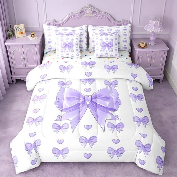 Erosebridal Princess Bowknot 7pcs Bedding Comforter Set For Girls,Purple Kawaii Heart Print Queen Bedding Sets For Kids,Reversible