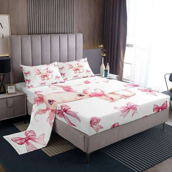Erosebridal Princess Bowknot Bed Sheets Set Twin Size, Kawaii Axoxotl Bed Sheets Twin, Cartoon Pet Decor