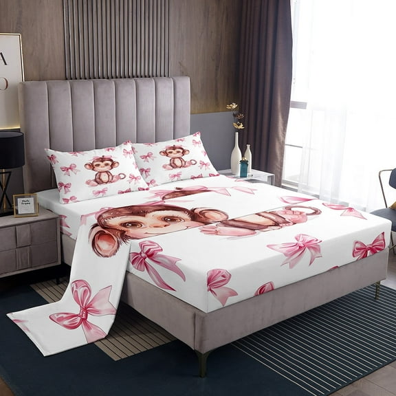 Erosebridal Princess Bowknot Bed Sheets Set Twin Size, Kawaii Monkey Bed Sheets Twin, Cartoon Wildlife Decor 3pcs