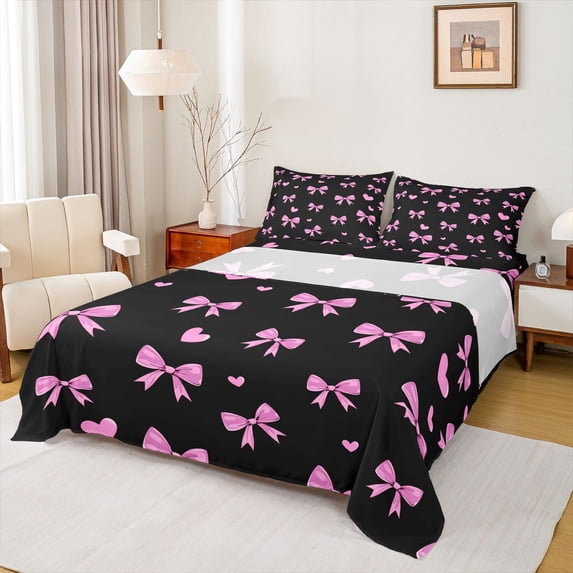 Erosebridal Princess Bowknot Bed Sheets for Girls, Cute Love Heart King Sheets, Black Pink, 4pcs
