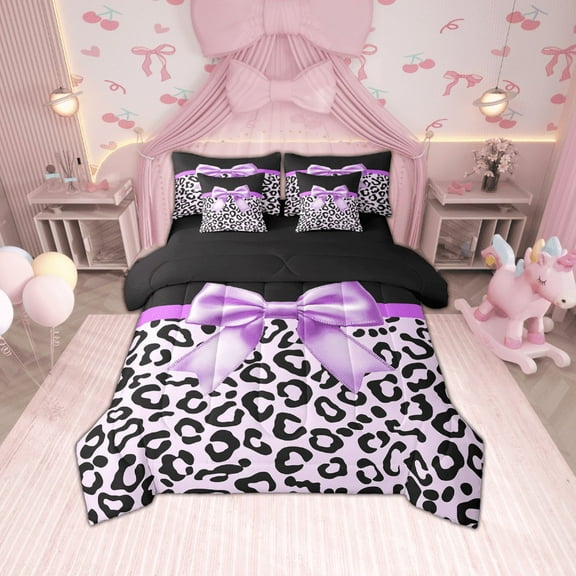 Erosebridal Princess Bowknot Bedding Queen Size, Purple Cheetah Print Bed in a Bag Queen size, Reversible 7pcs