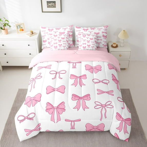 Erosebridal Princess Bowknot Bedding Sets Full Size, Pink Ribbon Comforter Sets with Sheets, Cartoon Theme Decor, Reversible
