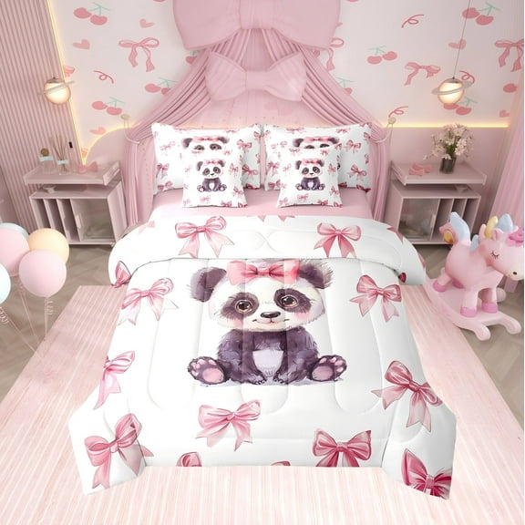 Erosebridal Princess Bowknot Bedding Sets Twin with Comforter, Kawaii Panda Duvet Insert, Cute Animal Decor, Reversible 7pcs