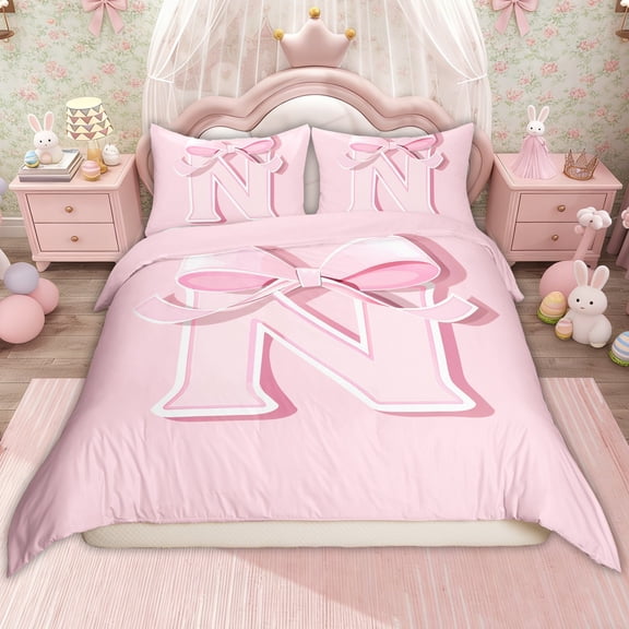 Erosebridal Princess Bowknot Comforter Cover Twin for Kids, Cartoon Initial N Bedding Sets Twin Size, Pink Reversible, 2pcs(No Comforter)