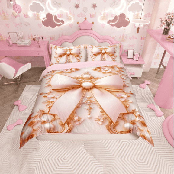 Erosebridal Princess Bowknot Comforter Cover Twin, Royal Damask Pearl Bedding Twin Size, Princess Bedroom Decor, Reversible 2 Pieces (No Comforter)