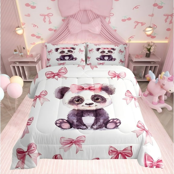 Erosebridal Princess Bowknot Comforter Sets TwinSize, Kawaii Panda Comforters & Duvets, Cute Animal Decor, Reversible 2pcs