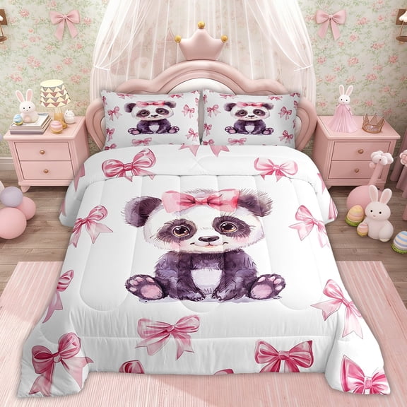 Erosebridal Princess Bowknot Comforter Sets TwinSize, Kawaii Panda Comforters & Duvets, Cute Animal Decor, Reversible 2pcs