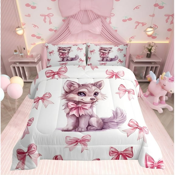 Erosebridal Princess Bowknot Comforter Sets TwinSize, Kawaii Wolf Comforters & Duvets, Cartoon Pet Decor, Reversible 2pcs
