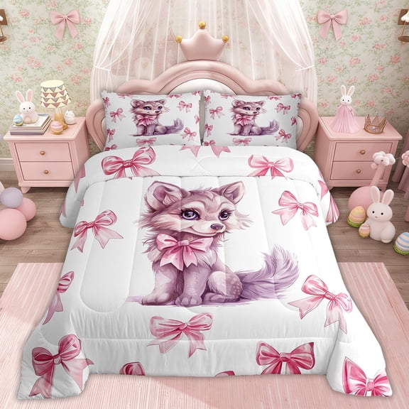 Erosebridal Princess Bowknot Comforter Sets TwinSize, Kawaii Wolf Comforters & Duvets, Cartoon Pet Decor, Reversible 2pcs