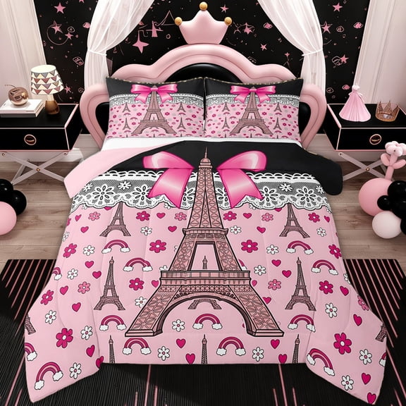 Erosebridal Princess Bowknot Girl Full Size Comforter Sets, Paris Eiffel Tower Bedding Sets, Black Pink, 3pcs