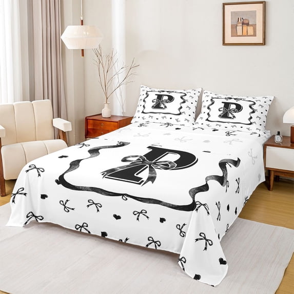 Erosebridal Princess Bowknot Girls Bed Sheets, Monogrammed P King Sheets, White Black, 4pcs