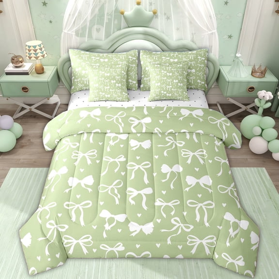 Erosebridal Princess Bowknot Girls Bedding Comforter Set, Green Cartoon Love Heart Queen Bedding Sets, 7 Pieces