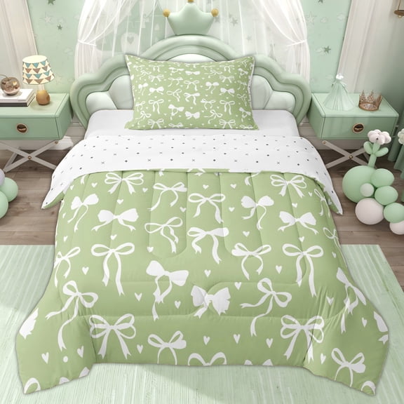 Erosebridal Princess Bowknot Girls Twin Comforter Sets, Green Cartoon Love Heart Bedding Set, 2 Pieces