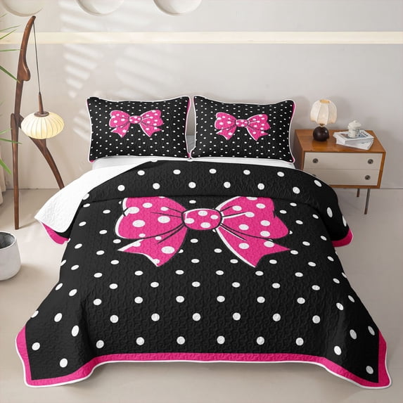 Erosebridal Princess Bowknot Girls Twin Quilt Set, Black Pink Cartoon Twin Coverlet Set, 2-Piece