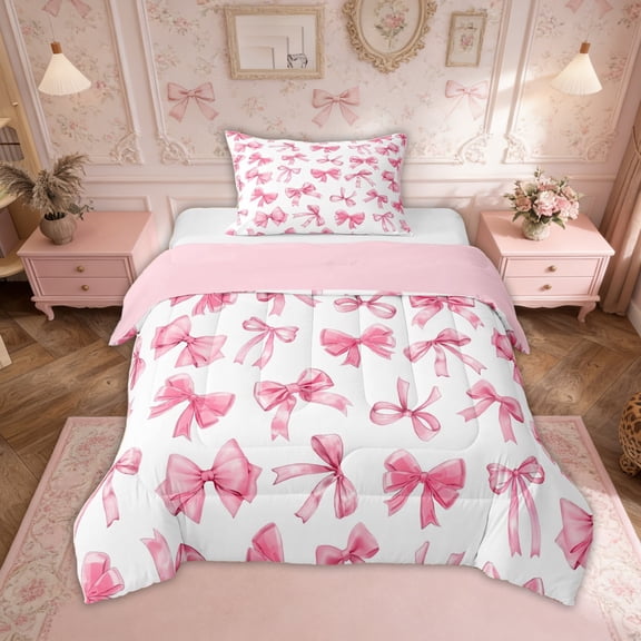 Erosebridal Princess Bowknot Kids Twin Comforter Sets, Cute Girl Bow Bedding Set, Pink, 2-Piece
