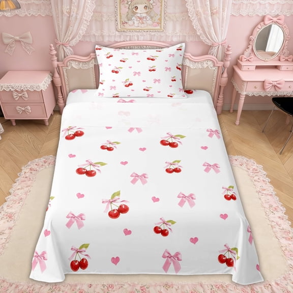 Erosebridal Princess Bowknot Twin Sheet Sets for Girls Women, Kawaii Cherry Bow Bedding, 3-Piece