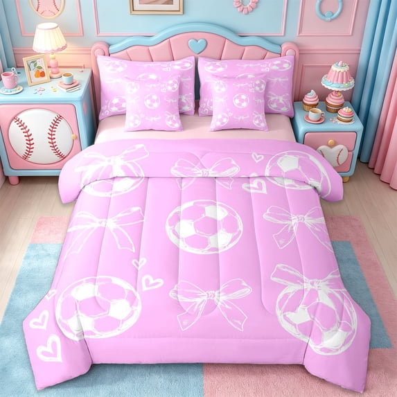 Erosebridal Princess Bowtie 7pcs Bedding Comforter Set For Girls,Kids Soccer Sport Football Games Queen Bedding Sets,Reversible pink