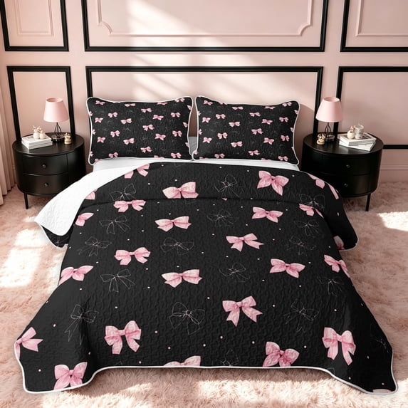 Erosebridal Princess Bowtie Twin Quilt Set, Cartoon Bow Twin Coverlet Set, Black Reversible, Pink Black, 2 Pieces (1 Bedspread and 1 Pillowcase)