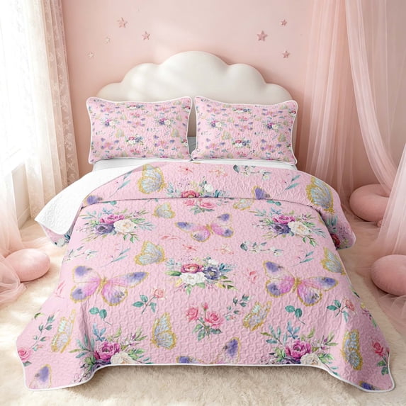 Erosebridal Princess Butterfly Quilt King, Cartoon Wildlife King Coverlet Set, Pink Reversible, Baby Pink Gold, 3pcs (1 Bedspread and 2 Pillowcases)