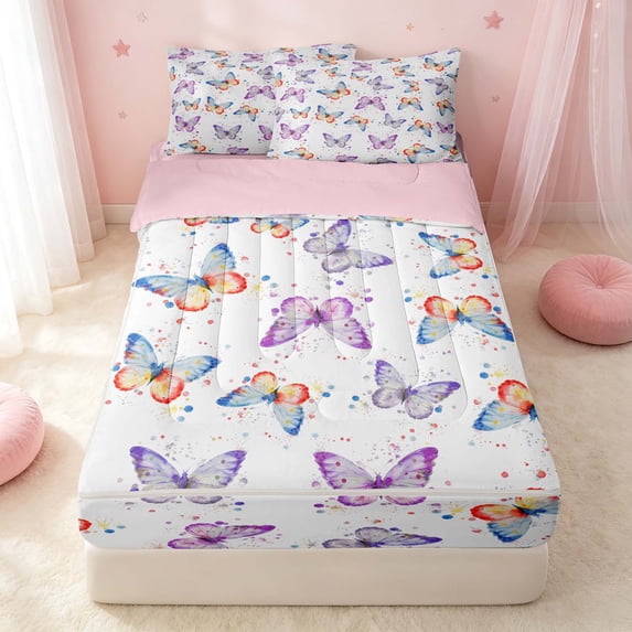 Erosebridal Princess Butterfly Zipper Queen Comforter Set with Fitted Sheet and 2 Pillowcases, Chic Animal Zipper Bedding Set, Pink Reversible, Purple Red Blue, Pink Reversible