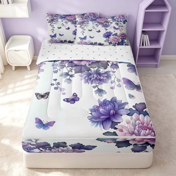 Erosebridal Princess Butterfly Zipper Queen Comforter Set with Fitted Sheet and 2 Pillowcases, Cute Flower Zipper Bedding Set, Reversible, Lavender Blue, Reversible
