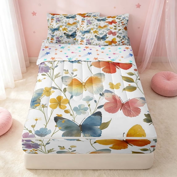 Erosebridal Princess Butterfly Zipper Twin Comforter Sets with Fitted Sheet and 2 Pillowcases, Chic Wildlife Zipper Bedding Set, Stars Reversible, Soft Pastel, Stars Reversible