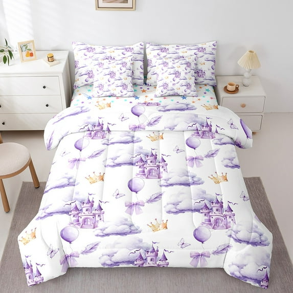 Erosebridal Princess Castle Bed in a Bag Full size,Bowknot Balloon Bed Set,Purple Butterfly Bedding Full Size,Ultra Soft Kawaii Bedroom Decoration,Reversible,7pcs