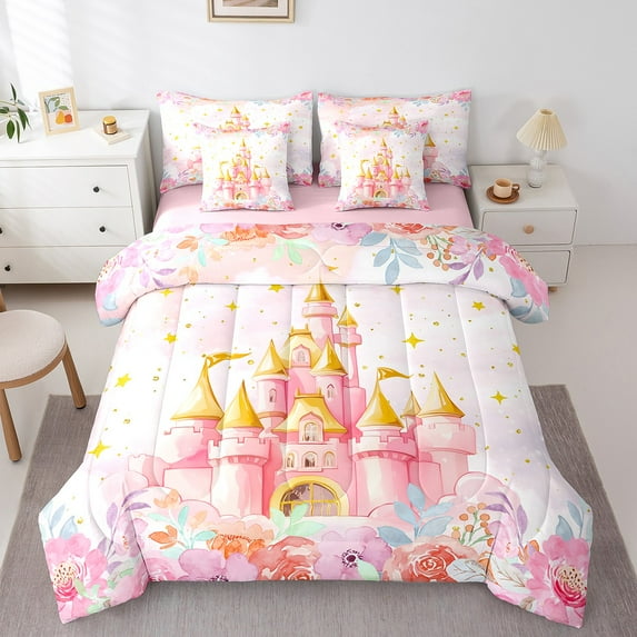 Erosebridal Princess Castle Bed in a Bag Twin size, Fairy Tale Bedding Twin Size, Watercolor Floral Reversible Bed Set, Breathable Room Decoration, 7pcs