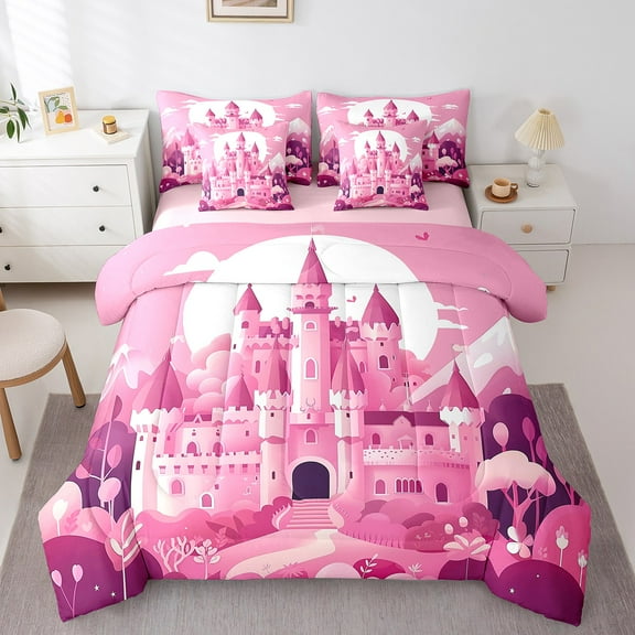 Erosebridal Princess Castle Bed in a Bag, Cartoon Plant Bed Set, Girly Cartoon Reversible Comforter Sets, Breathable Room Decor, 7-Piece