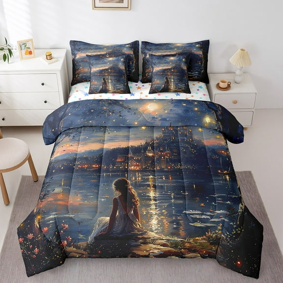 Erosebridal Princess Castle Bed in a Bag Full size,Romantic Wonderland Bed Set,Microfiber Reversible Bedding Full Size,Flower Room Decorative,7-Piece