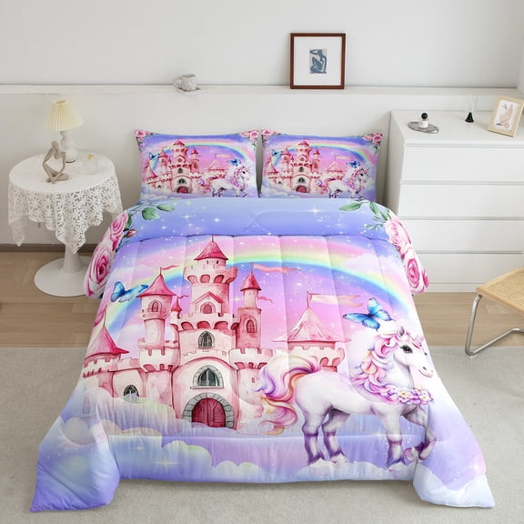 Erosebridal Princess Castle Bedding Queen Comforter Set, Magical Unicorn Down Comforter, Cartoon Rainbow Reversible Comforters & Duvets, Breathable Bedroom Decoration, 3pcs