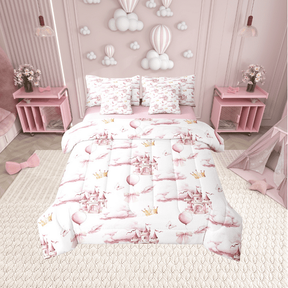 Erosebridal Princess Castle Bedding Sets Twin Size,Bowknot Balloon Comforter Sets with Sheets,Pink Butterfly Bed in a Bag Twin size,Ultra Soft Kawaii Bedroom Decoration,Reversible,7-Piece