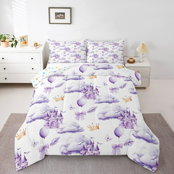 Erosebridal Princess Castle Comforter Sets Queen Size,Bowknot Balloon Bedding Queen Comforter Set,Purple Butterfly Bedding Sets Queen With Comforter,Kawaii Bedroom Decoration,Reversible,3-Piece