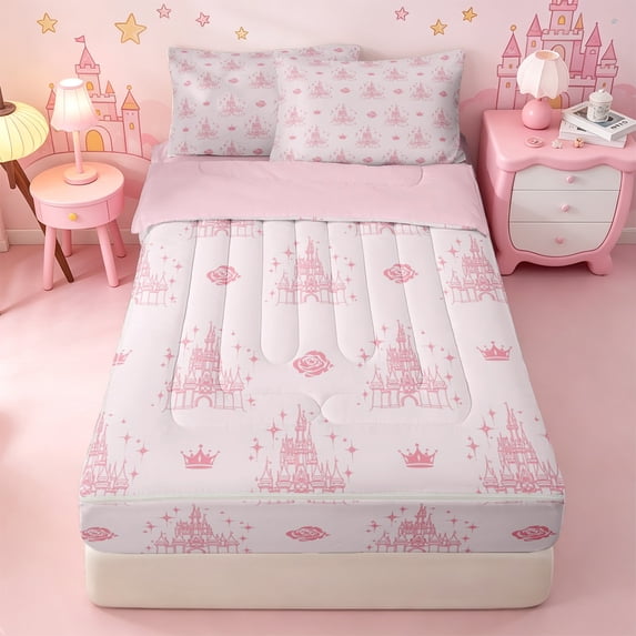 Erosebridal Princess Castle Crown Zipper Twin Comforter Sets with Fitted Sheet and 2 Pillowcases,Pink Rose Stars Sparkle Zipper Bedding Set For Girls,Pink Reversible,4pcs