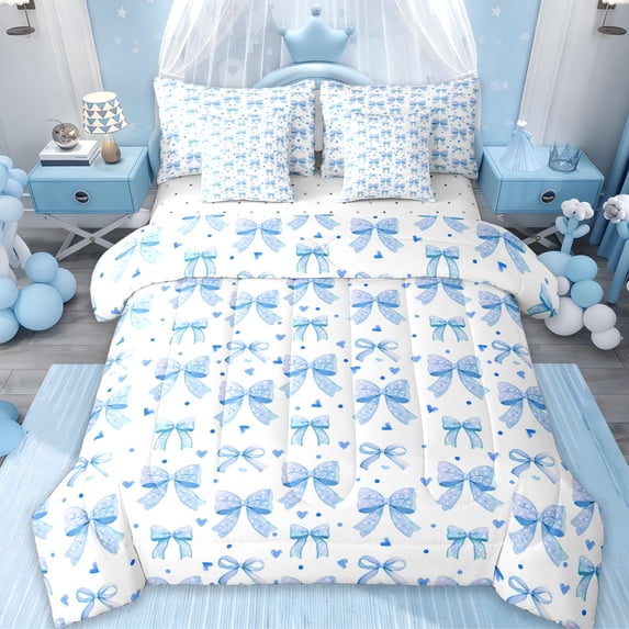 Erosebridal Princess Coquette Bowknot Kids 7-Piece Bedding Comforter Set,Blue Dreamy Loves Pattern King Bedding Sets For Girls,Reversible