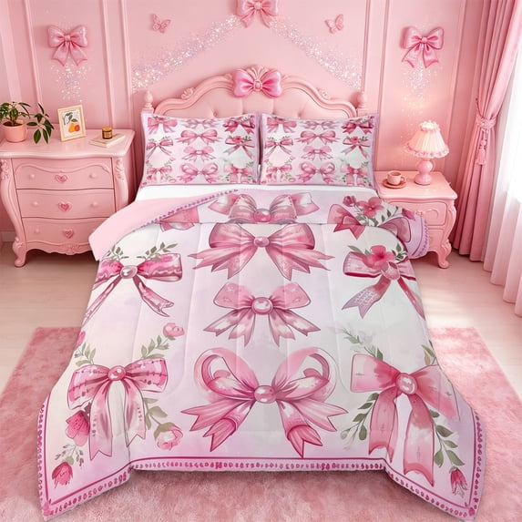 Erosebridal Princess Coquette Bowknot Queen Comforter Set,Cute Pink Floral Bedding Comforter Set For Kids Girls,Pink Reversible,3 Pieces