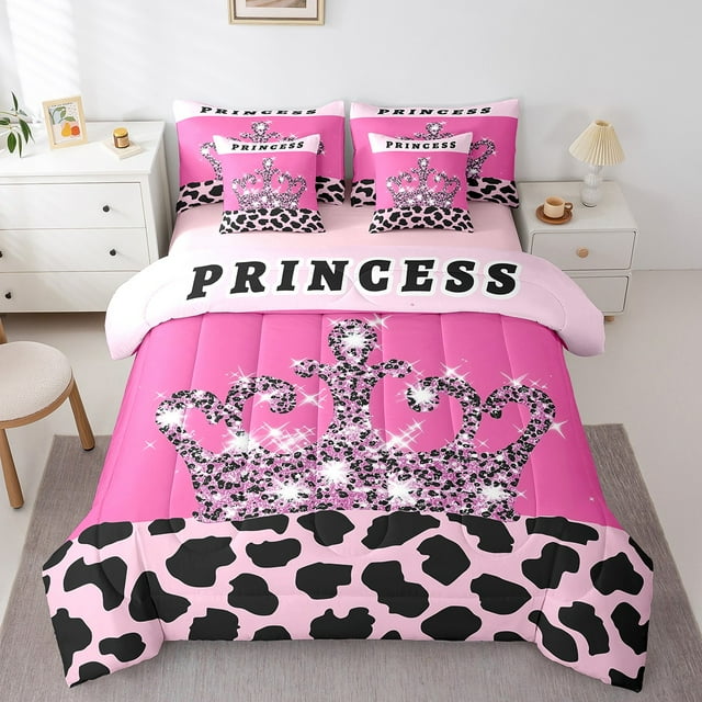 Erosebridal Princess Crown Bedding Sets Twin Size, Girly Pink Comforter Sets with Sheets, Leopard Print Decor