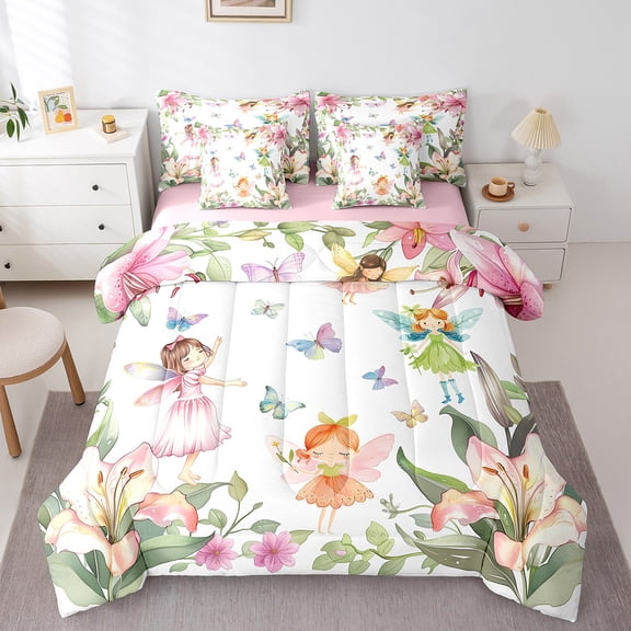 Erosebridal Princess Fairy Elf Bedding Queen Size For Girls,Dreamy Flower Bed In A Bag Queen Size,Butterfly Room Decortive,Reversible,Lightweight,7 Pieces