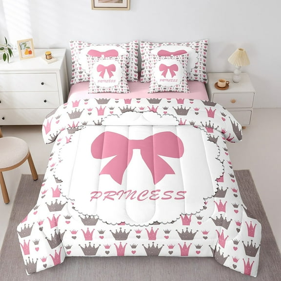 Erosebridal Princess Bed in a Bag Twin size, Pink Bowknot Crown Bed Set, Dreamy Room Decor, Reversible 7pcs 7pcs