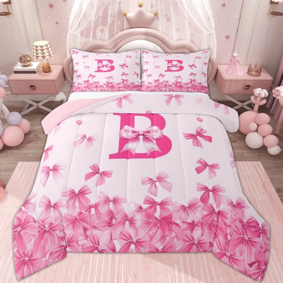 Erosebridal Princess Letter B Queen Comforter Set, Cute Ribbon Bedding Comforter Set, Pink Reversible, 3pcs
