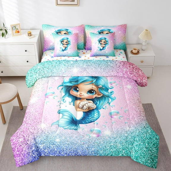 Erosebridal Princess Mermaid Bedding Sets Twin Size , Sparkles SSequins Print Comforter Sets with Sheets, Ultra Soft 7-Piece