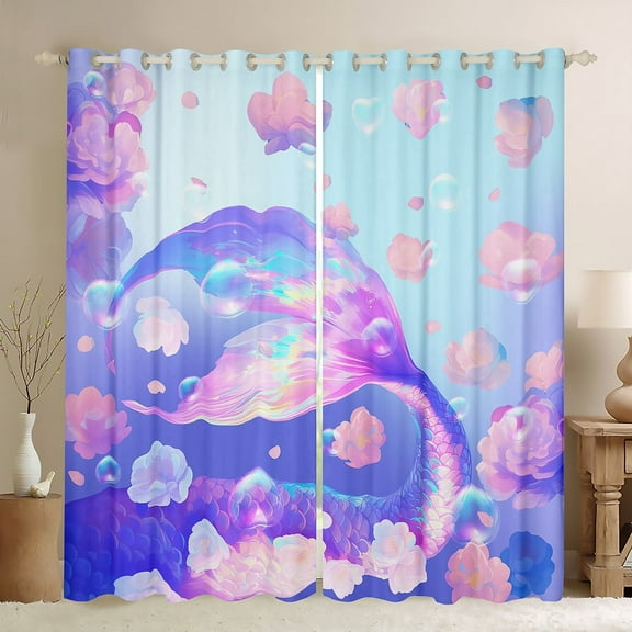 Erosebridal Princess Mermaid Curtains Pack of 2 (38x45), Dreamy Flower 30%-50% Black Out Curtains, Fish Tail Curtains for Living Room, Window Curtains Room Decor